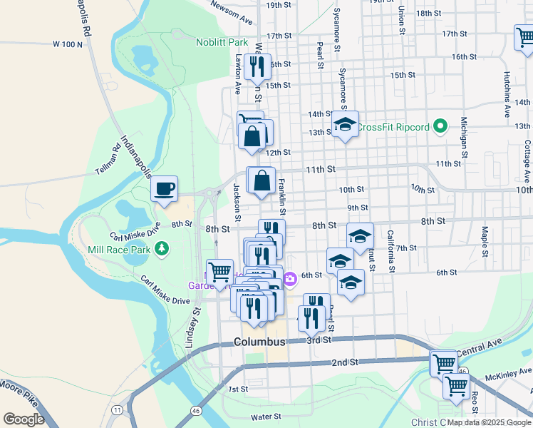 map of restaurants, bars, coffee shops, grocery stores, and more near 330 8th Street in Columbus