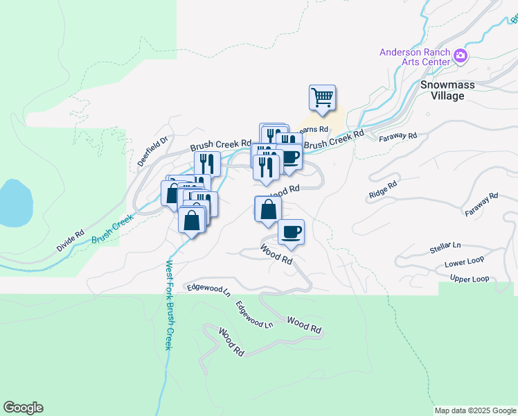 map of restaurants, bars, coffee shops, grocery stores, and more near 425 Wood Road in Aspen