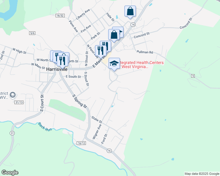 map of restaurants, bars, coffee shops, grocery stores, and more near 302 Mykayla Lane in Harrisville