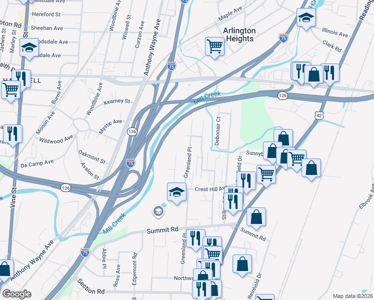 map of restaurants, bars, coffee shops, grocery stores, and more near 7862 Dawn Road in Cincinnati