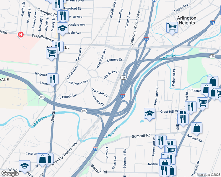map of restaurants, bars, coffee shops, grocery stores, and more near 8151 Anthony Wayne Avenue in Cincinnati