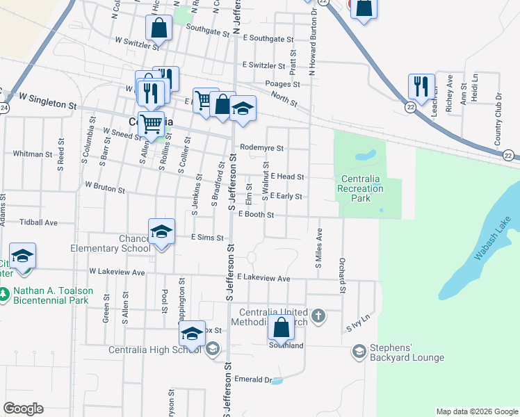 map of restaurants, bars, coffee shops, grocery stores, and more near 710 East Booth Street in Centralia