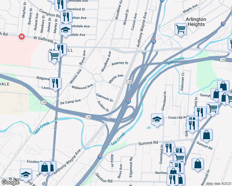 map of restaurants, bars, coffee shops, grocery stores, and more near 8151 Anthony Wayne Avenue in Cincinnati