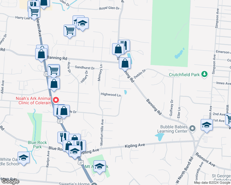 map of restaurants, bars, coffee shops, grocery stores, and more near 2540 Highwood Lane in Cincinnati