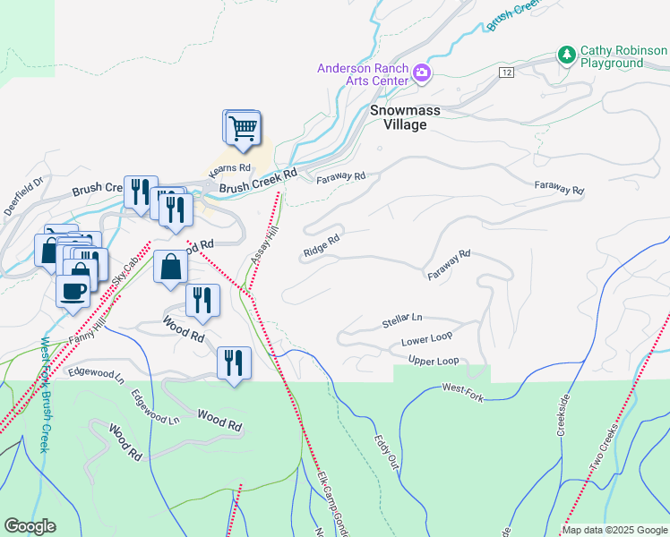 map of restaurants, bars, coffee shops, grocery stores, and more near 23 Deer Ridge Lane in Aspen