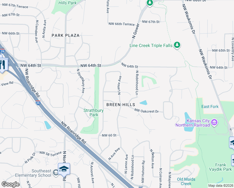 map of restaurants, bars, coffee shops, grocery stores, and more near 6206 North Lenox Avenue in Kansas City