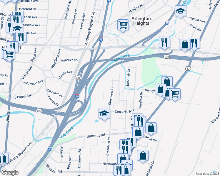 map of restaurants, bars, coffee shops, grocery stores, and more near 7862 Dawn Road in Cincinnati