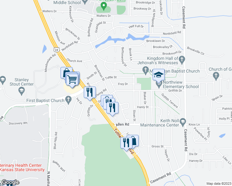 map of restaurants, bars, coffee shops, grocery stores, and more near 735 Griffith Drive in Manhattan
