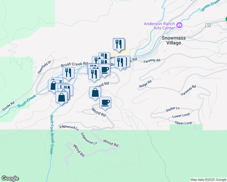 map of restaurants, bars, coffee shops, grocery stores, and more near 476 Wood Road in Aspen