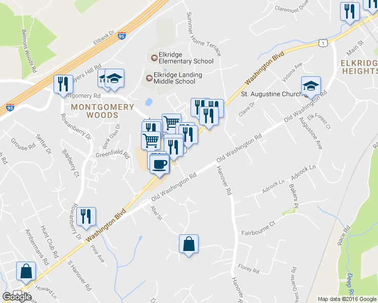 map of restaurants, bars, coffee shops, grocery stores, and more near 6281 Washington Boulevard in Elkridge