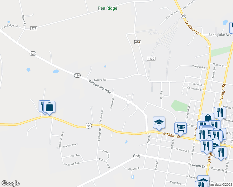 map of restaurants, bars, coffee shops, grocery stores, and more near 82 Willettsville Pike in Hillsboro