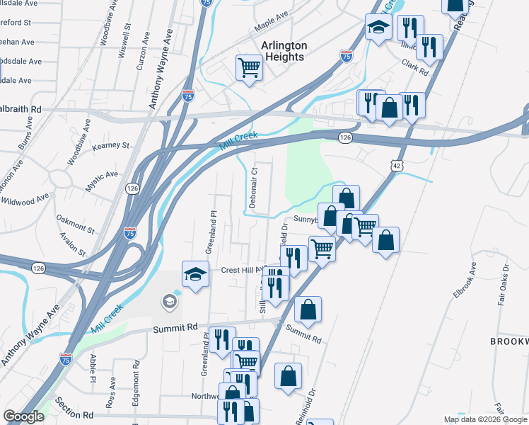 map of restaurants, bars, coffee shops, grocery stores, and more near 7932 Stillwell Road in Cincinnati