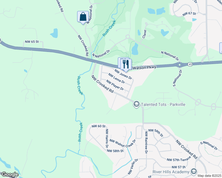 map of restaurants, bars, coffee shops, grocery stores, and more near 11015 Northwest Crooked Road in Kansas City