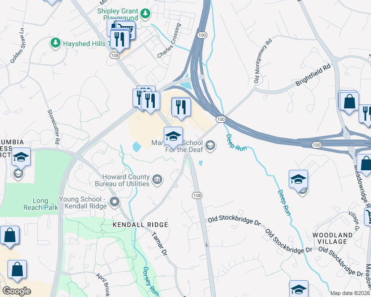 map of restaurants, bars, coffee shops, grocery stores, and more near 5900 Waterloo Road in Ellicott City