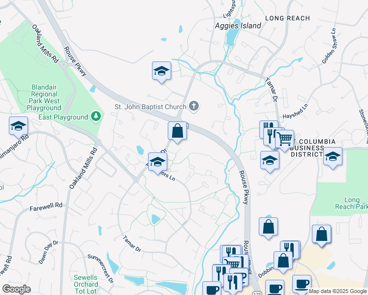 map of restaurants, bars, coffee shops, grocery stores, and more near 5913 Tamar Drive in Columbia