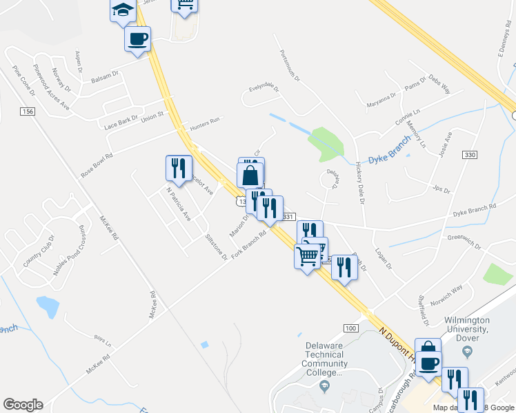map of restaurants, bars, coffee shops, grocery stores, and more near 4200 N Dupont Hwy in Dover