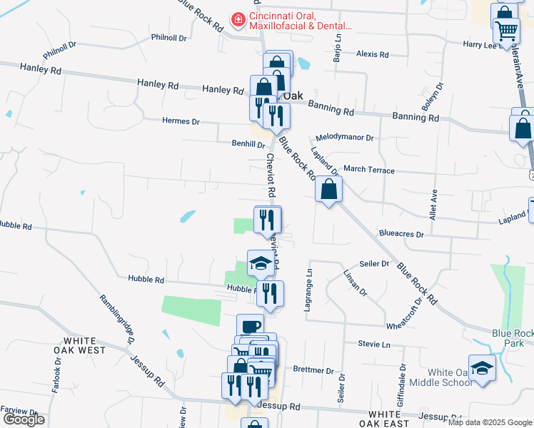 map of restaurants, bars, coffee shops, grocery stores, and more near 6341 Cheviot Road in Cincinnati