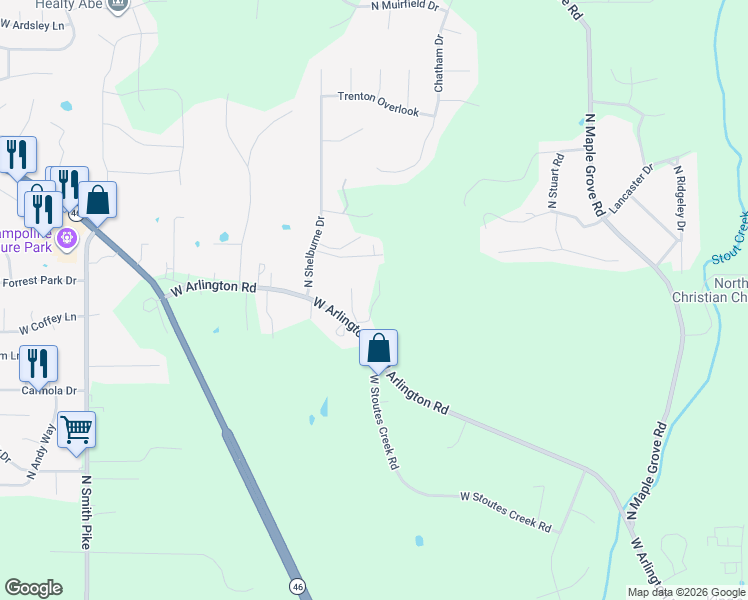 map of restaurants, bars, coffee shops, grocery stores, and more near 4444 Rajumi Drive in Bloomington