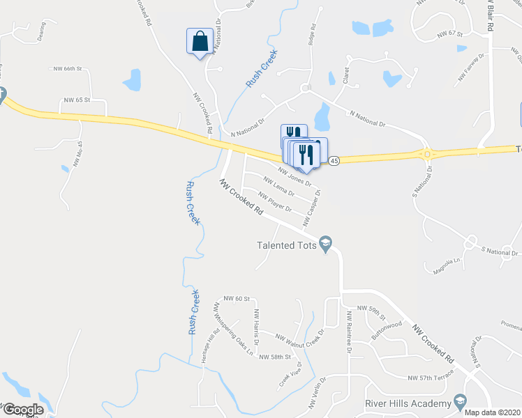 map of restaurants, bars, coffee shops, grocery stores, and more near 11015 Northwest Crooked Road in Kansas City