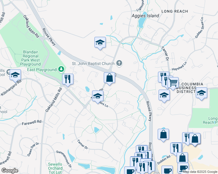 map of restaurants, bars, coffee shops, grocery stores, and more near 5909 Tamar Drive in Columbia