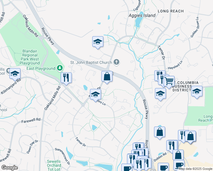 map of restaurants, bars, coffee shops, grocery stores, and more near 5901 Tamar Drive in Columbia