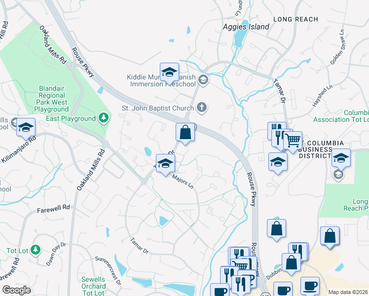 map of restaurants, bars, coffee shops, grocery stores, and more near 5915 Tamar Drive in Columbia
