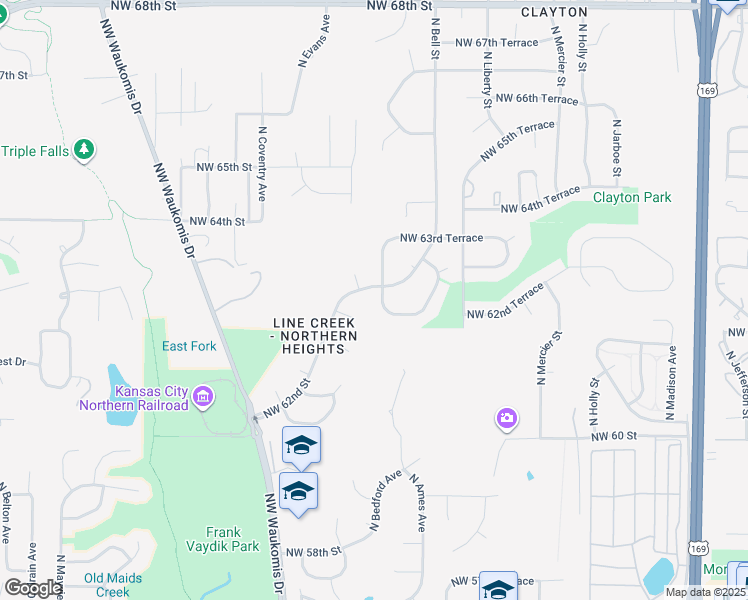 map of restaurants, bars, coffee shops, grocery stores, and more near 1921 Northwest 62nd Terrace in Kansas City