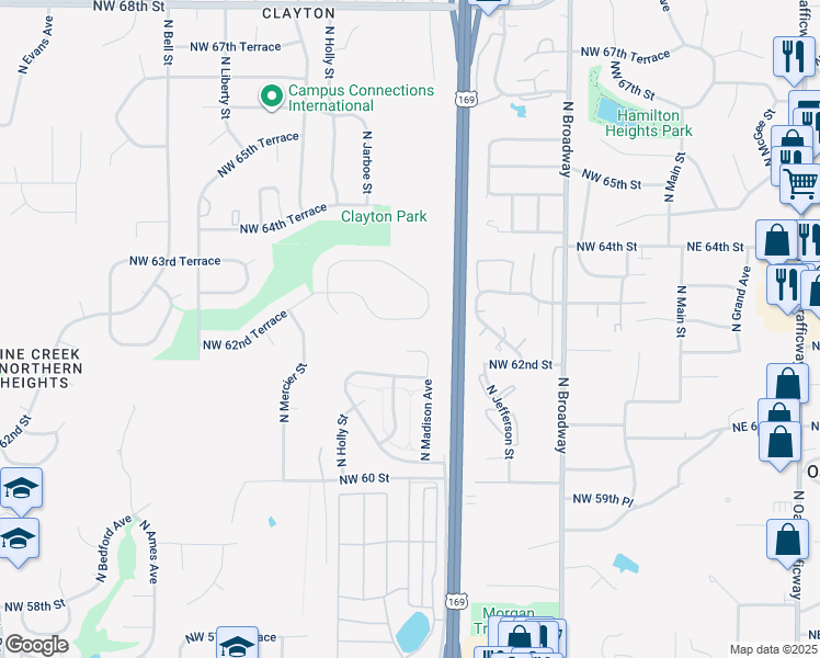 map of restaurants, bars, coffee shops, grocery stores, and more near 6139 North Madison Avenue in Kansas City