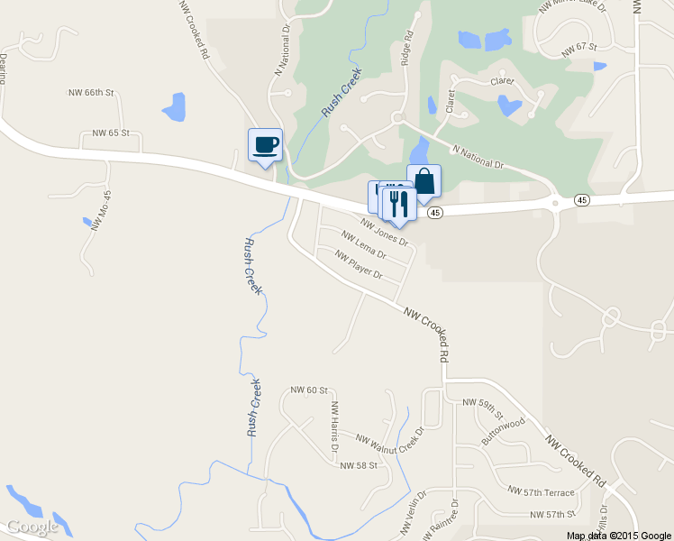 map of restaurants, bars, coffee shops, grocery stores, and more near 11015 Northwest Crooked Road in Kansas City
