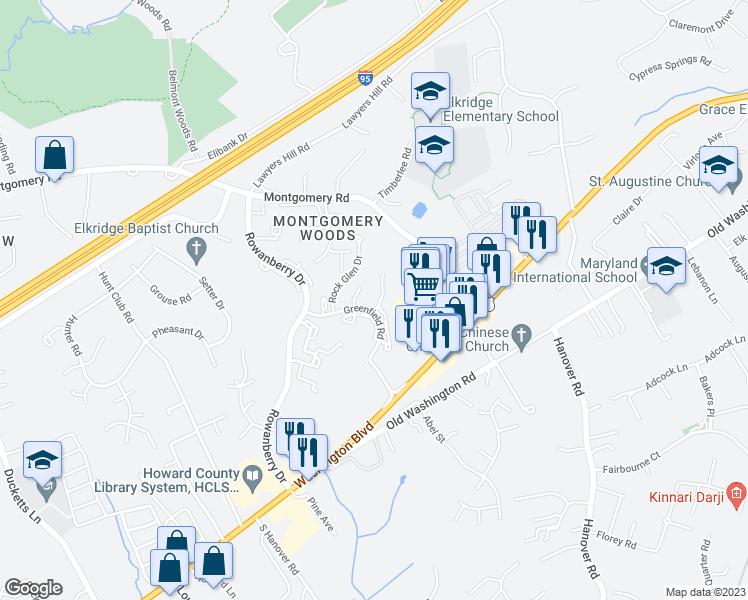 map of restaurants, bars, coffee shops, grocery stores, and more near 6407 Rockledge Court in Elkridge