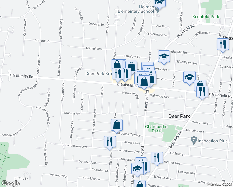 map of restaurants, bars, coffee shops, grocery stores, and more near 3905 Hemphill Way in Cincinnati