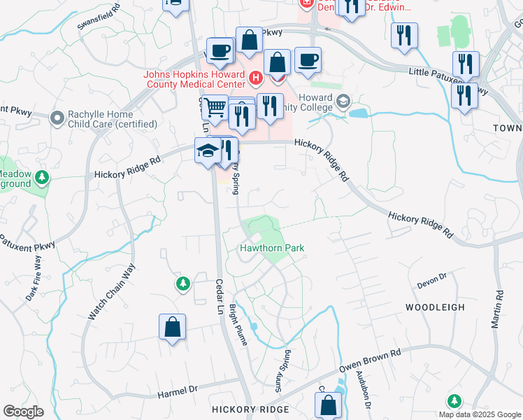 map of restaurants, bars, coffee shops, grocery stores, and more near 6016 Misty Arch Run in Columbia