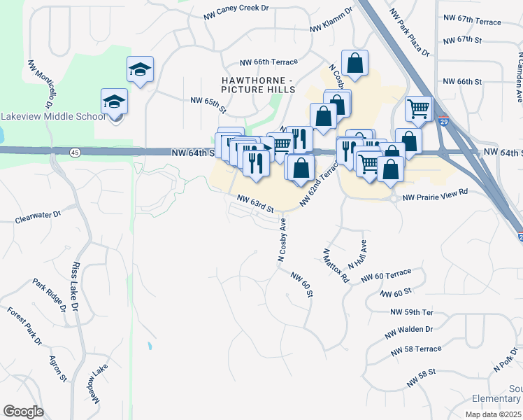 map of restaurants, bars, coffee shops, grocery stores, and more near 5951 Northwest 63rd Street in Kansas City