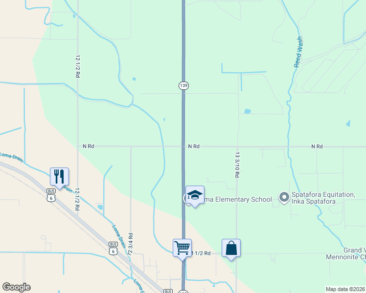 map of restaurants, bars, coffee shops, grocery stores, and more near Colorado 139 in Loma