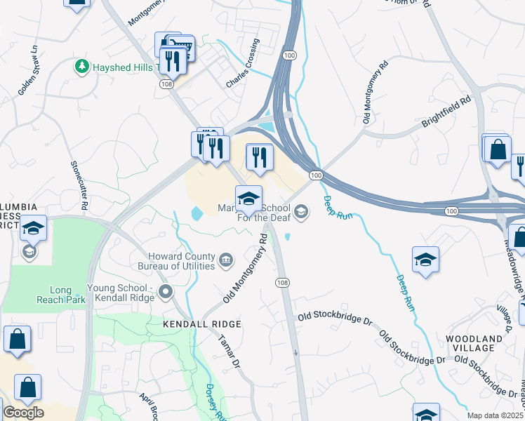 map of restaurants, bars, coffee shops, grocery stores, and more near 5900 Waterloo Road in Ellicott City