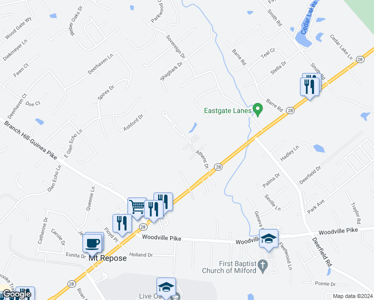map of restaurants, bars, coffee shops, grocery stores, and more near 1409 Athens Drive in Loveland