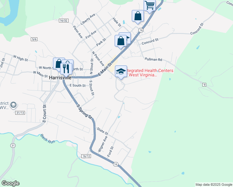 map of restaurants, bars, coffee shops, grocery stores, and more near 66 Woodland Ave in Harrisville