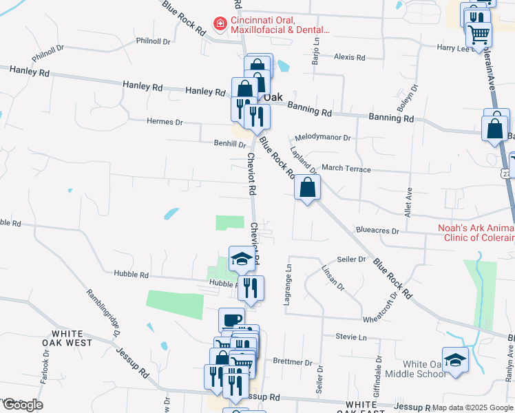 map of restaurants, bars, coffee shops, grocery stores, and more near 6591 Cheviot Road in Cincinnati