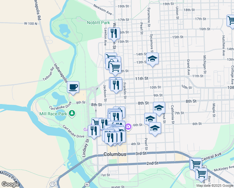 map of restaurants, bars, coffee shops, grocery stores, and more near 1003 Washington Street in Columbus