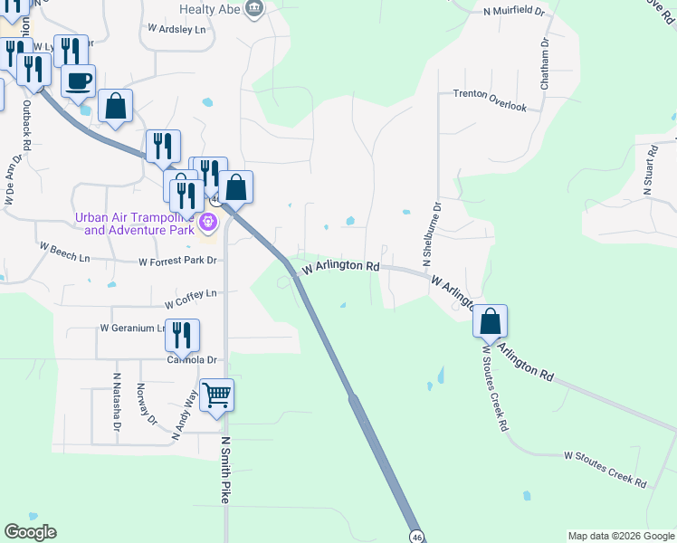 map of restaurants, bars, coffee shops, grocery stores, and more near 4950 West Arlington Road in Bloomington