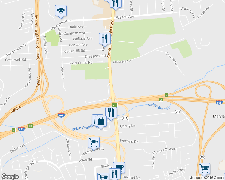 map of restaurants, bars, coffee shops, grocery stores, and more near Governor Ritchie Hwy in Brooklyn Park
