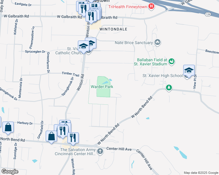 map of restaurants, bars, coffee shops, grocery stores, and more near Warder Nursery Trail in Finneytown