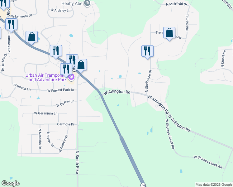 map of restaurants, bars, coffee shops, grocery stores, and more near 4950 West Arlington Road in Bloomington