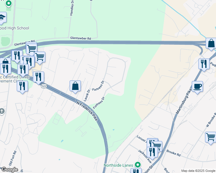 map of restaurants, bars, coffee shops, grocery stores, and more near 106 Sentinel Drive in Winchester