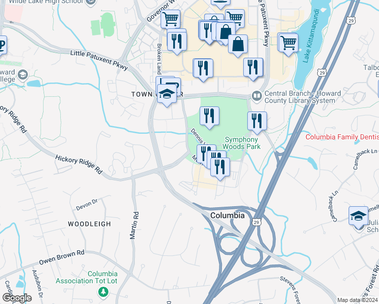 map of restaurants, bars, coffee shops, grocery stores, and more near 5071 Merriweather Drive in Columbia