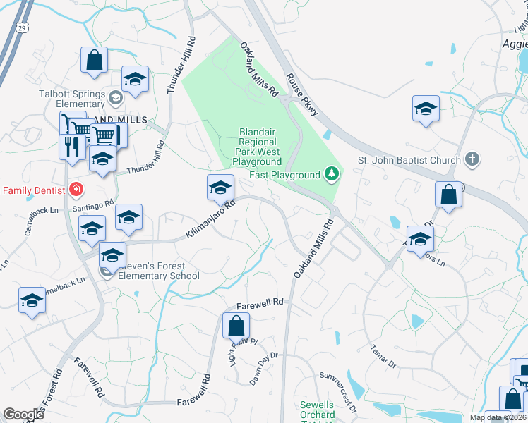 map of restaurants, bars, coffee shops, grocery stores, and more near 9359 Torrent Row in Columbia