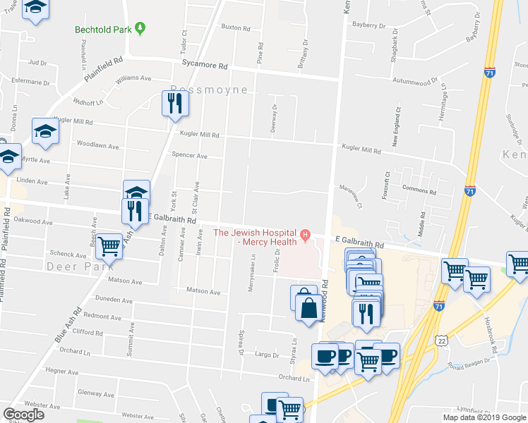 map of restaurants, bars, coffee shops, grocery stores, and more near 8250 Kenwood Crossing Way in Cincinnati
