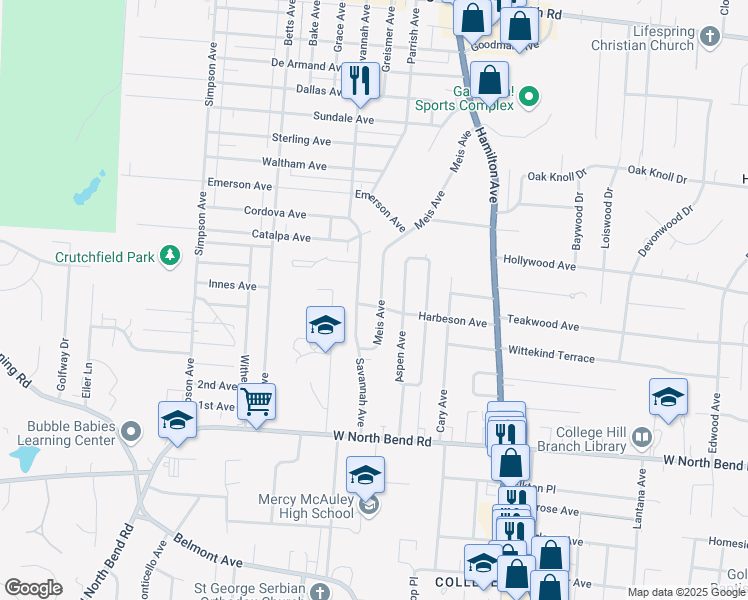 map of restaurants, bars, coffee shops, grocery stores, and more near 6362 Savannah Avenue in Cincinnati