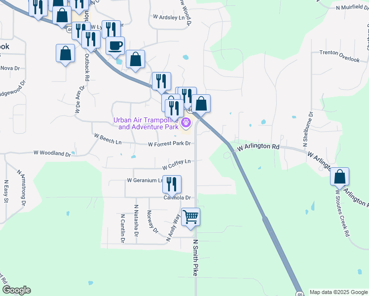 map of restaurants, bars, coffee shops, grocery stores, and more near 3918 West Forrest Park Drive in Bloomington