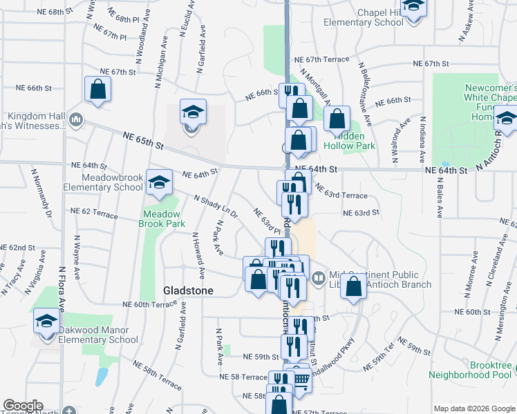 map of restaurants, bars, coffee shops, grocery stores, and more near 2400 Northeast 63rd Place in Kansas City